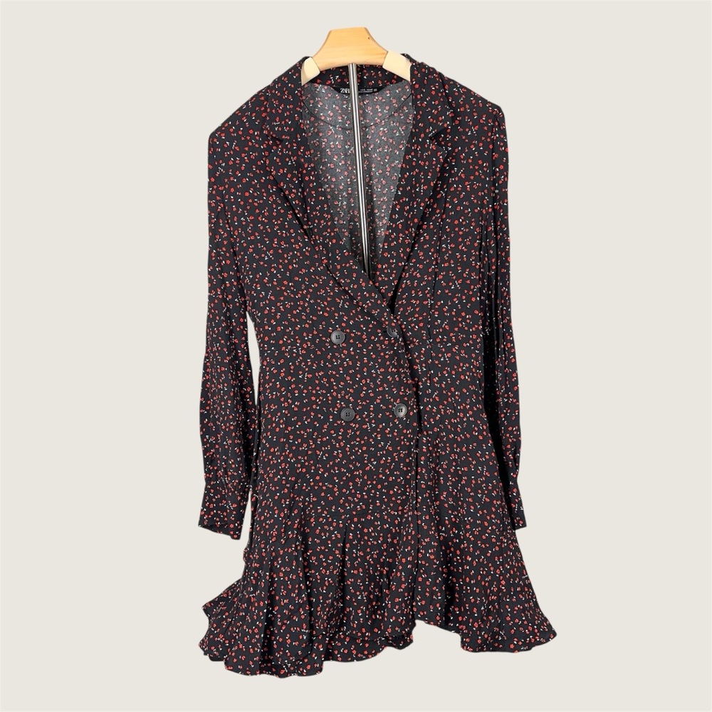 Zara Black Floral Print Blazer Tuxedo Skort Dress Womens Size Small Long Sleeves